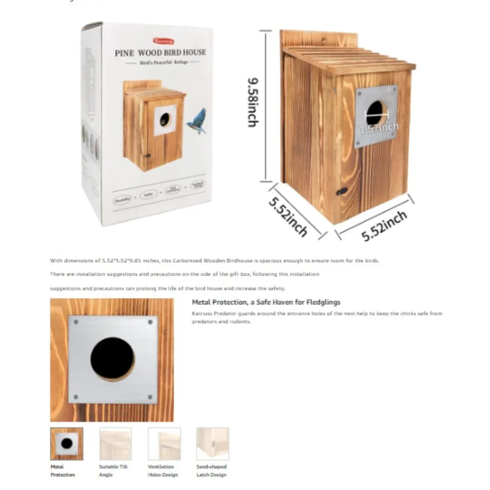 Pine Wood Birdhouse w/ Metal Predator Guard & Cleaning Door